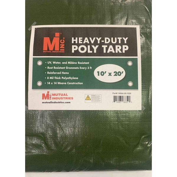Heavy Duty Tarp, 10 ft x 20 ft, 8 mil, Green, UV Resistant, Mildew Resistant